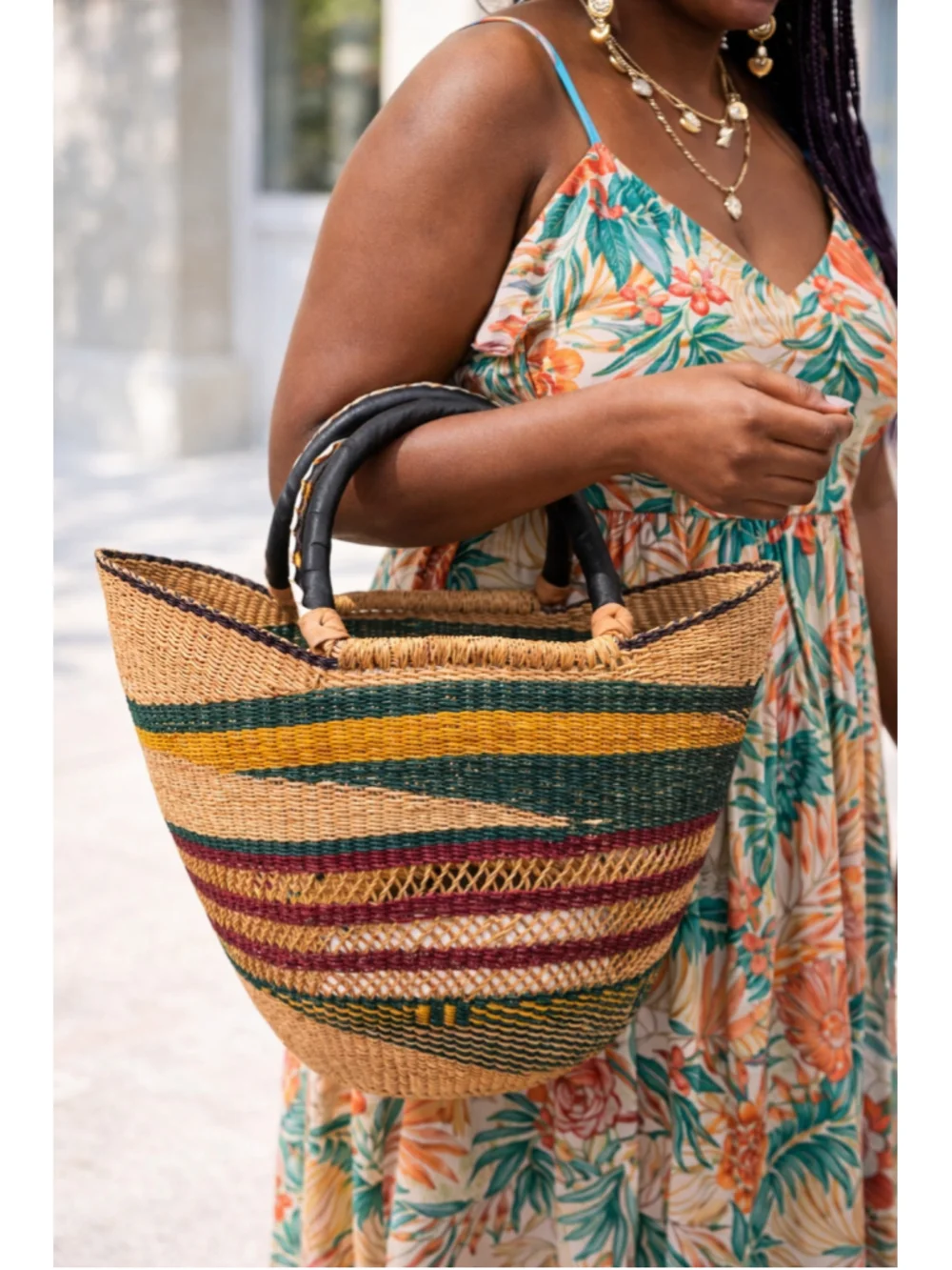 Authentic Ghana Bolga Basket Bag Handwoven Market Tote Leather Handle Large